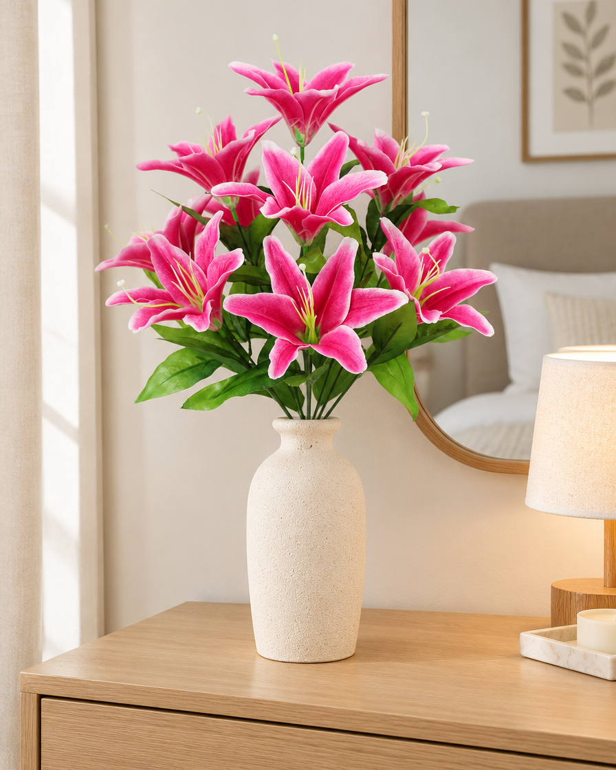 Pink Artificial Lily Bouquet styled in a ceramic vase on a dresser (vase sold separately)