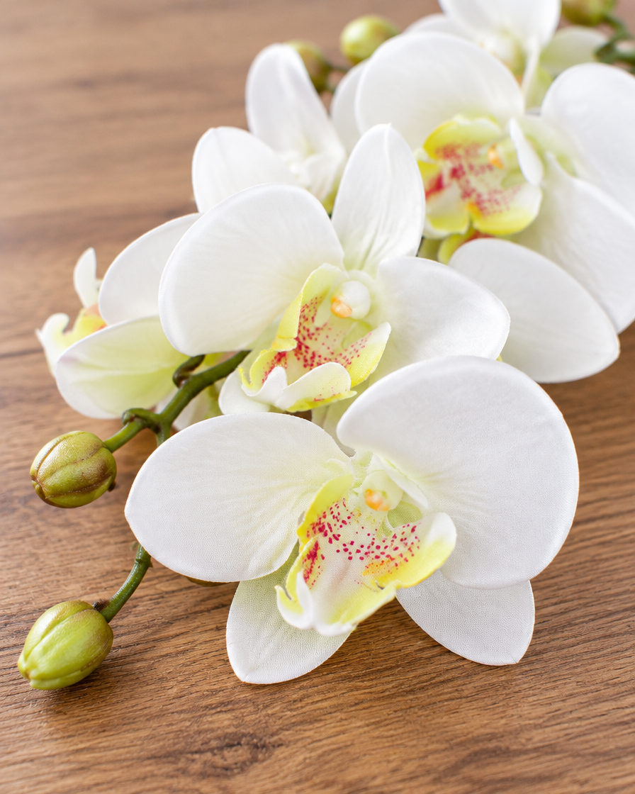 Close-up detail of the white artificial phalaenopsis orchid stem on an oak table