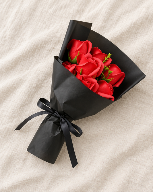 Red Artificial Rose Gift Bouquet, shown alone on a linen background