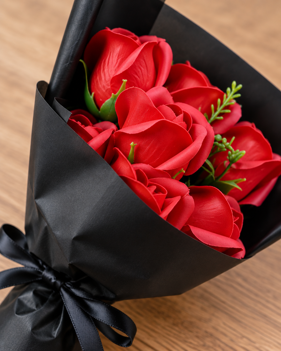 Close-up detail of the red artificial rose gift bouquet on an oak table
