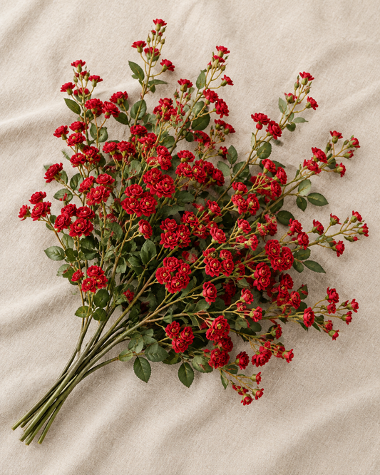 Red Artificial Spray Rose Stems, shown alone on a linen background