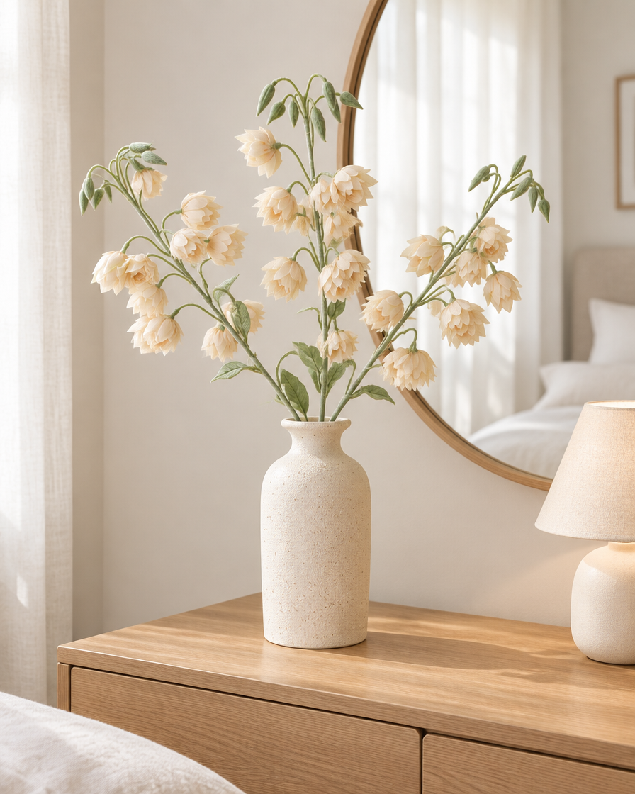 Cream Artificial Bellflower Stems styled in a ceramic vase on a dresser (vase sold separately)