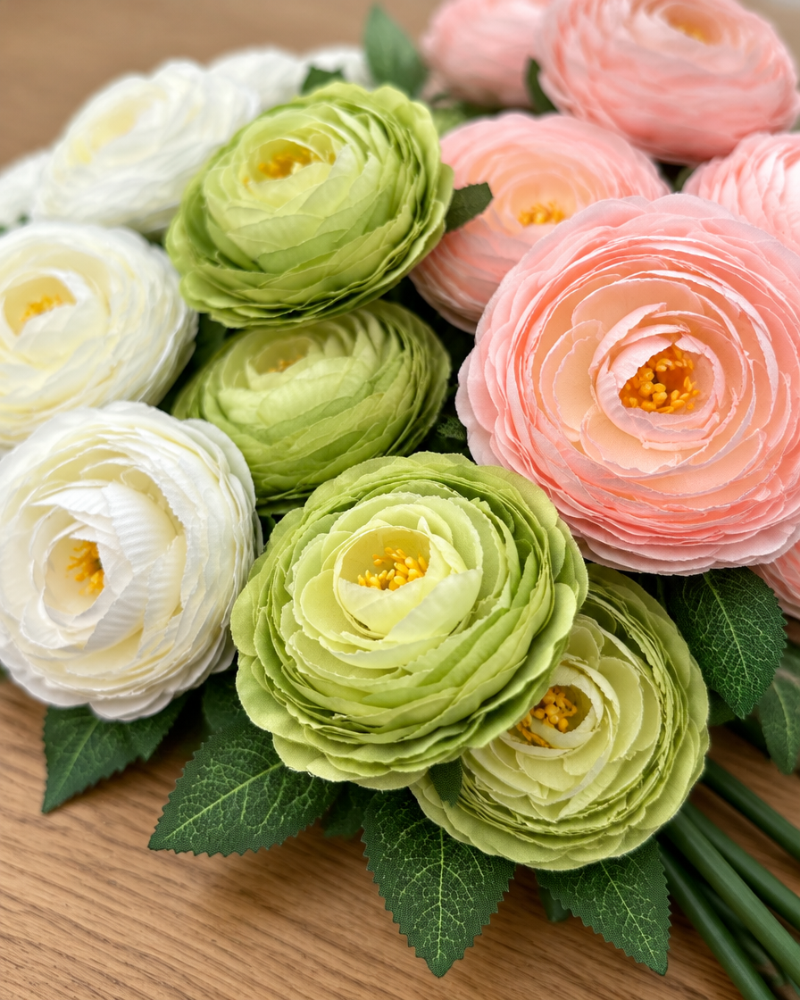 Close-up detail of the pastel mixed artificial ranunculus bunch on an oak table
