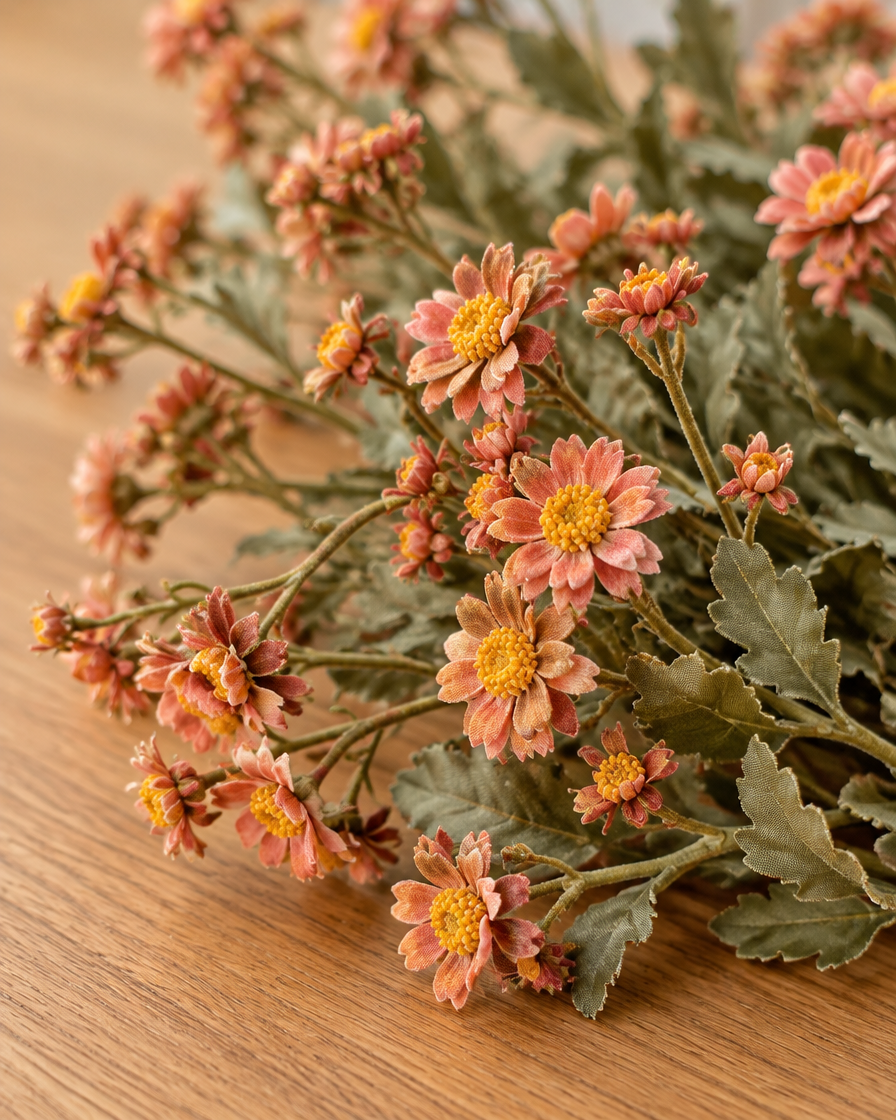 Close-up detail of the terracotta artificial chamomile daisy stems on an oak table