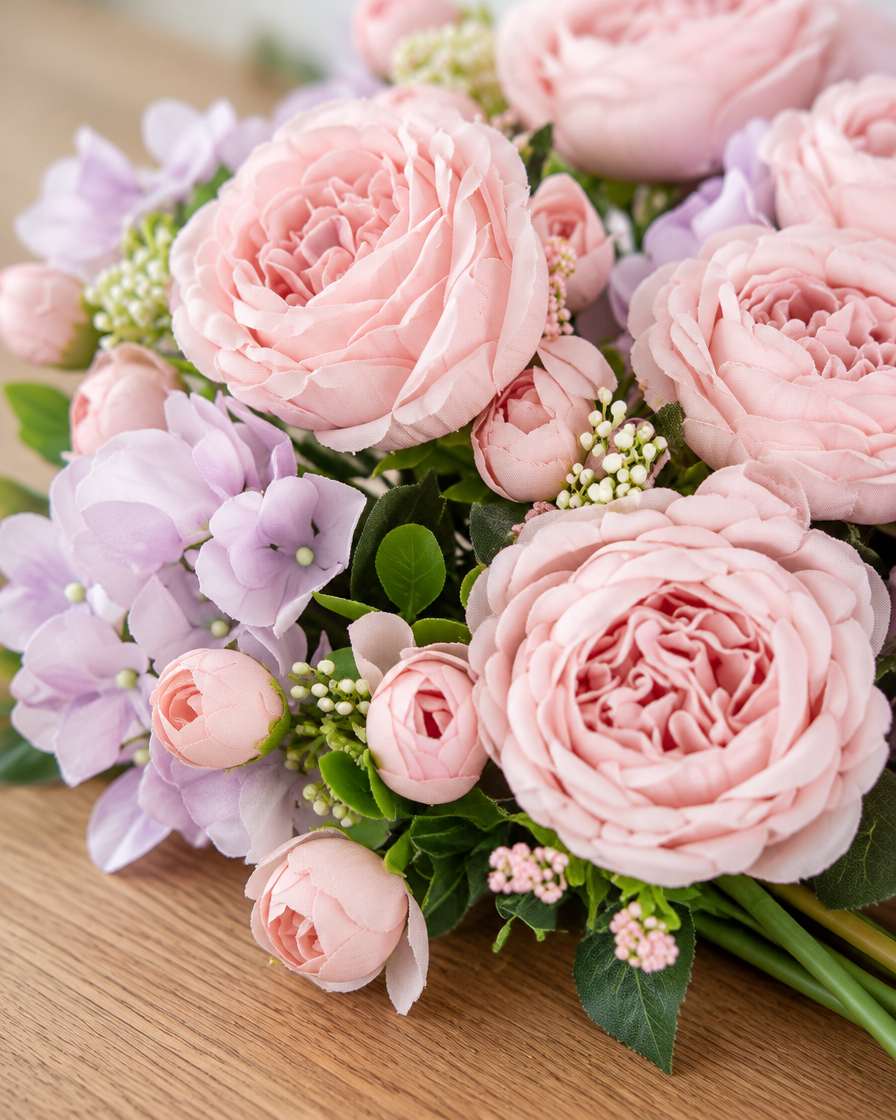Close-up detail of the pink peony & lilac hydrangea artificial bouquet on an oak table
