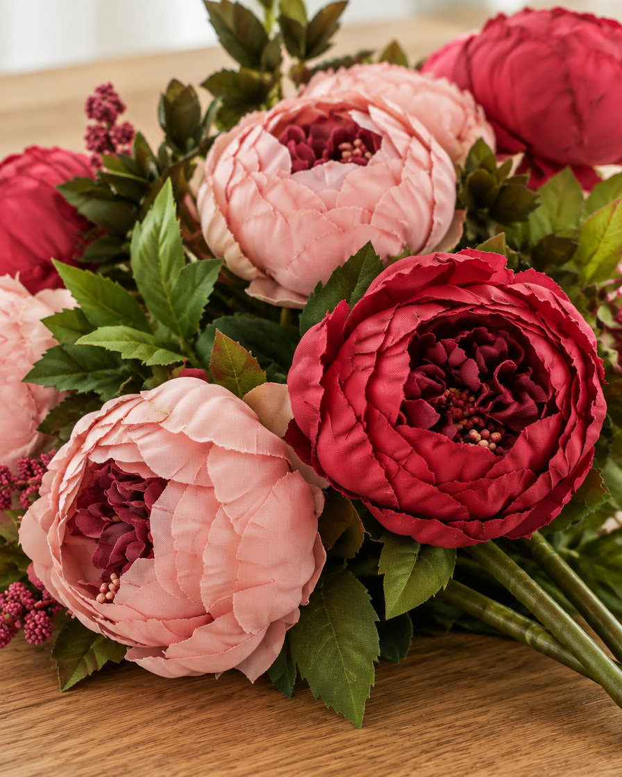 Close-up detail of the dusty rose & red artificial peony bouquet on an oak table