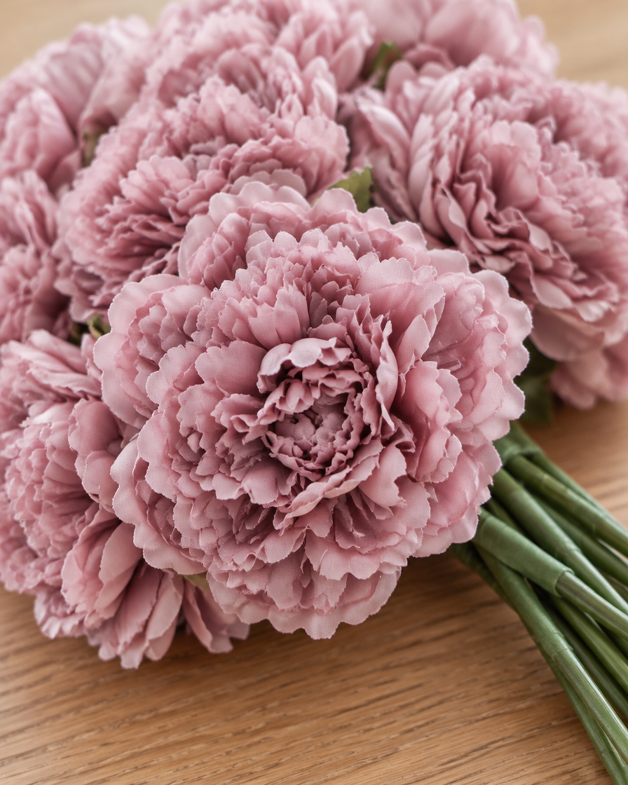 Close-up detail of the dusty mauve artificial peony bunch on an oak table