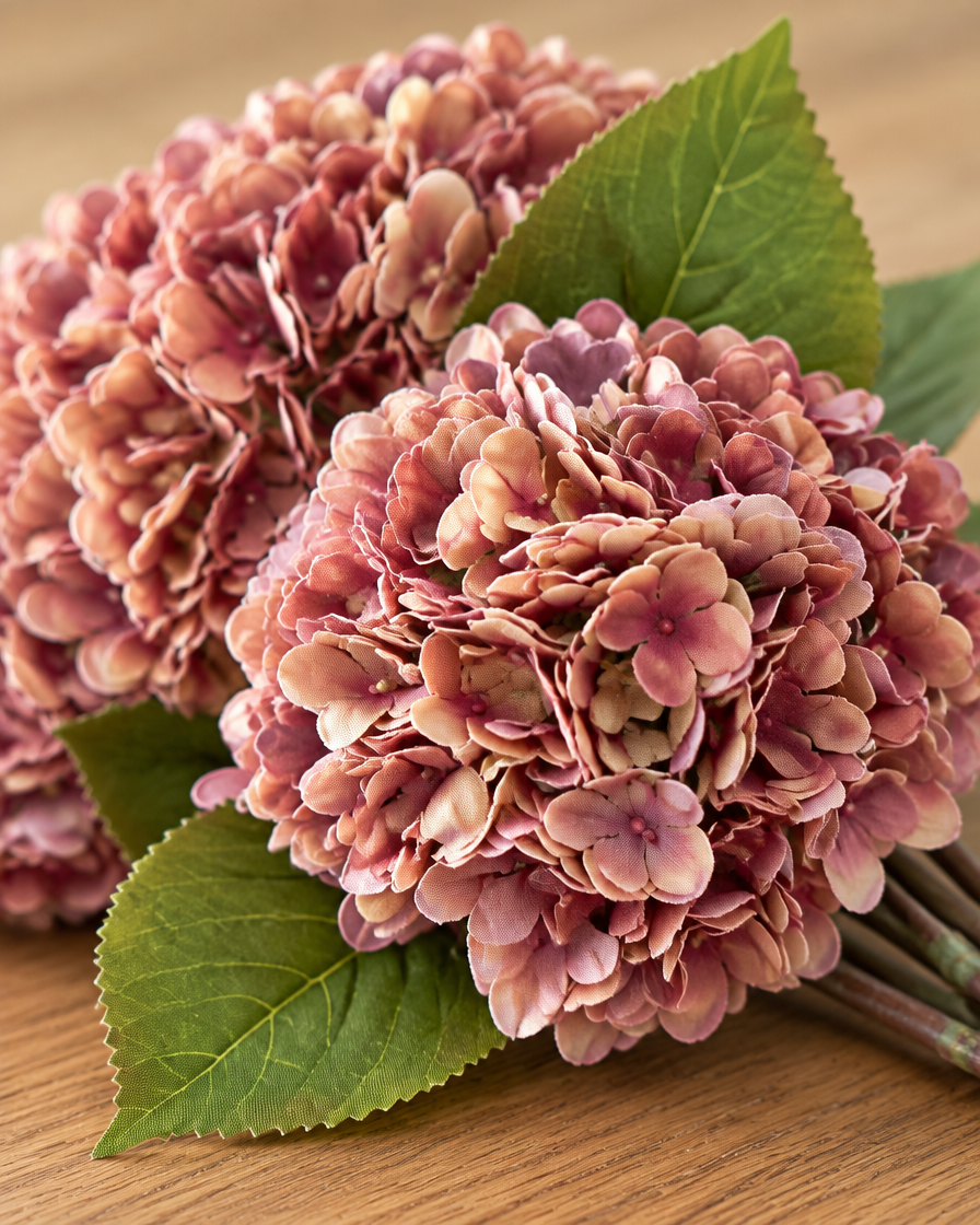 Close-up detail of the dusty rose artificial hydrangea stems on an oak table