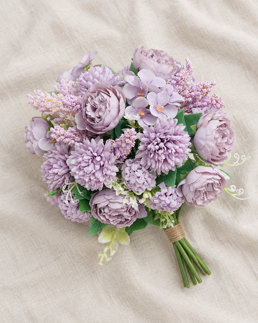 Lilac Artificial Peony & Hydrangea Bouquet, shown alone on a linen background