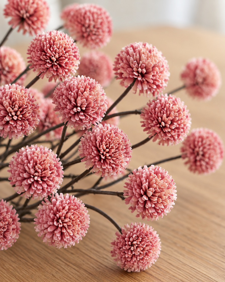 Close-up detail of the rose pink artificial chrysanthemum ball spray on an oak table