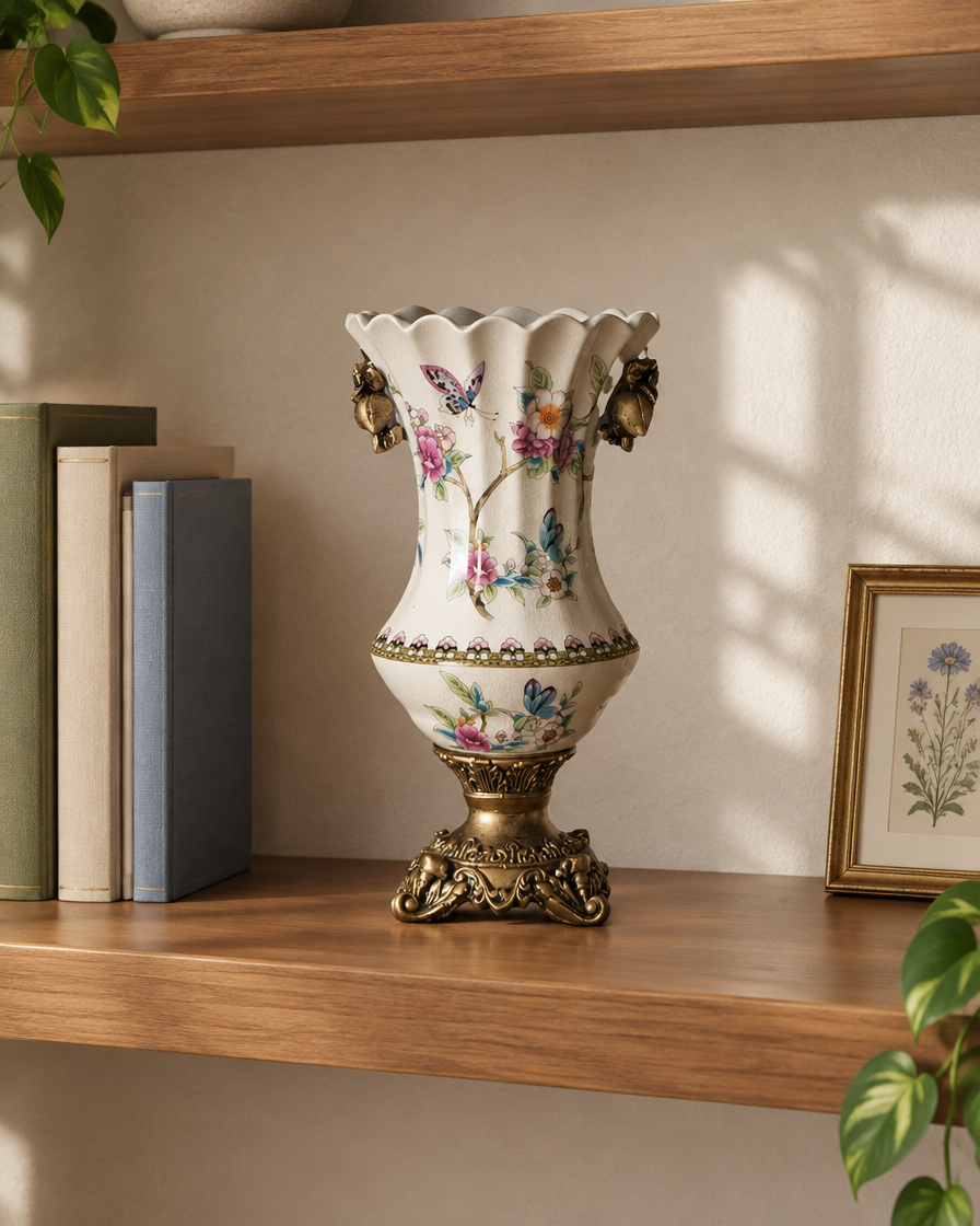 Cream Floral Porcelain Vase with Bronze-Tone Base on a wooden shelf