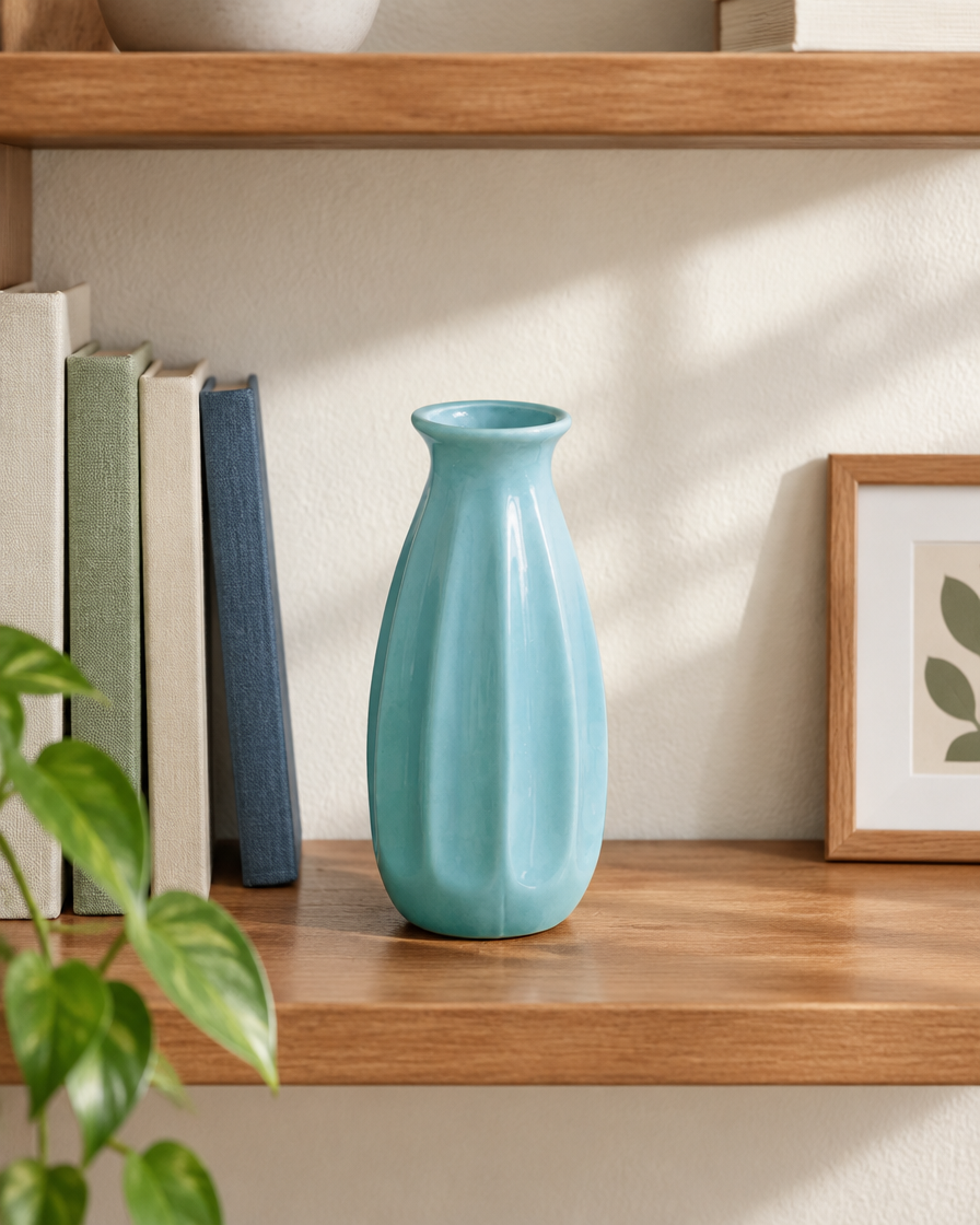 Light Blue Ribbed Ceramic Mini Vase on a wooden shelf