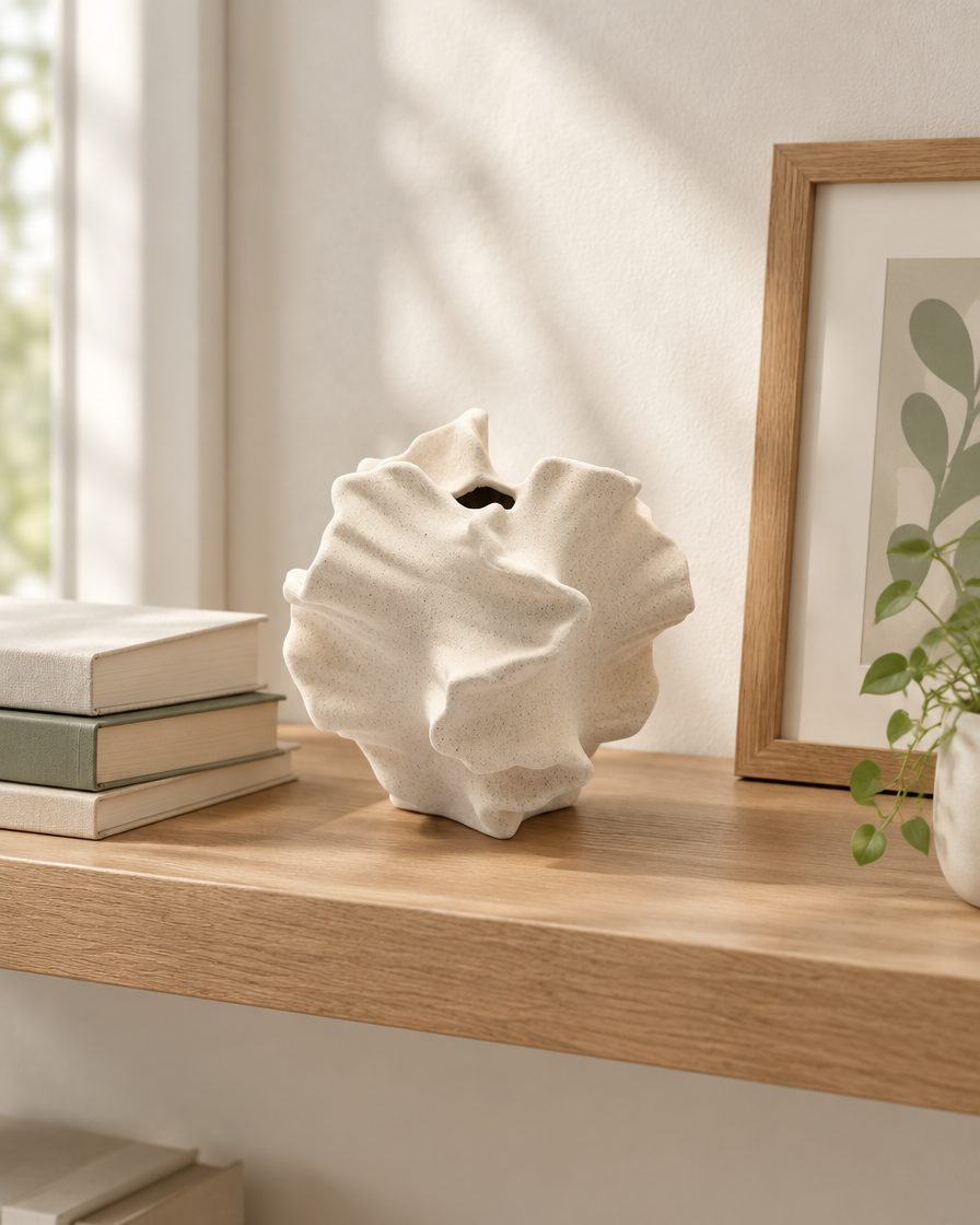 Cream Ruffled Coral Ceramic Vase on a wooden shelf