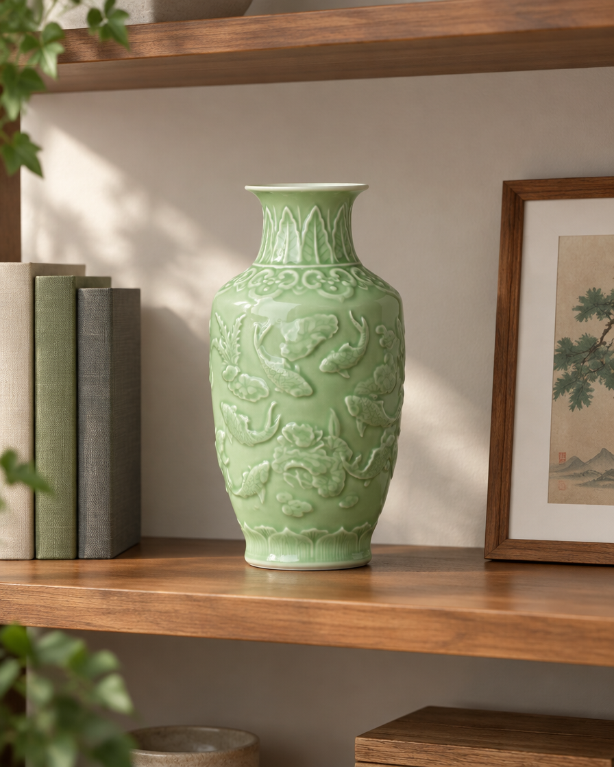 Celadon Green Embossed Relief Vase on a wooden shelf