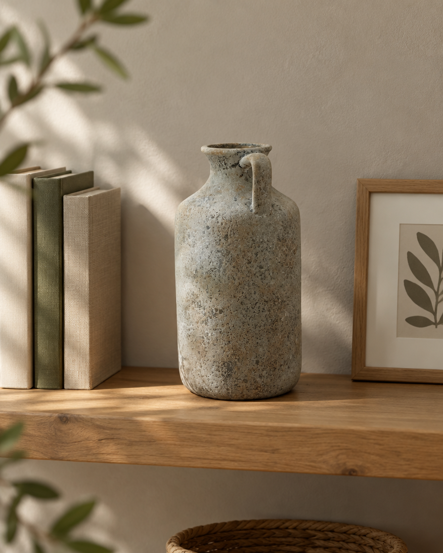 Rustic Speckled Grey Ceramic Jug Vase on a wooden shelf