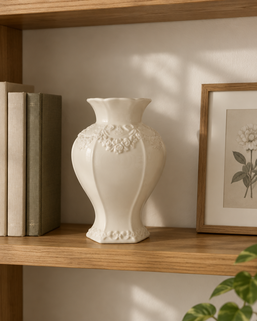 Cream Faceted Ceramic Vase with Embossed Floral Relief on a wooden shelf