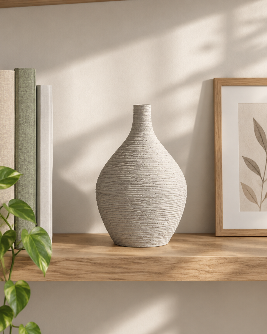 Beige Ridged Narrow-Neck Ceramic Vase on a wooden shelf