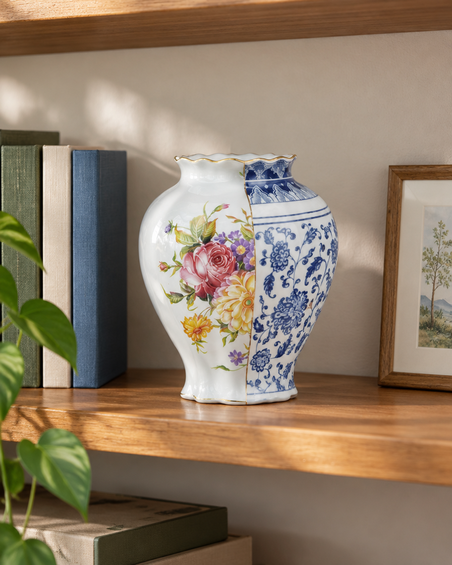 Blue and White Split Floral Vase on a wooden shelf
