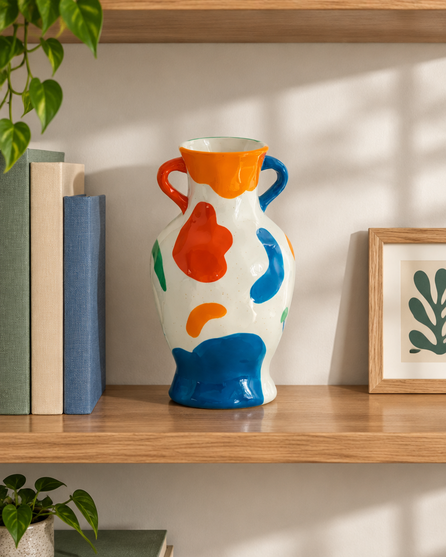 Colourful Abstract Ceramic Vase with Two Handles on a wooden shelf