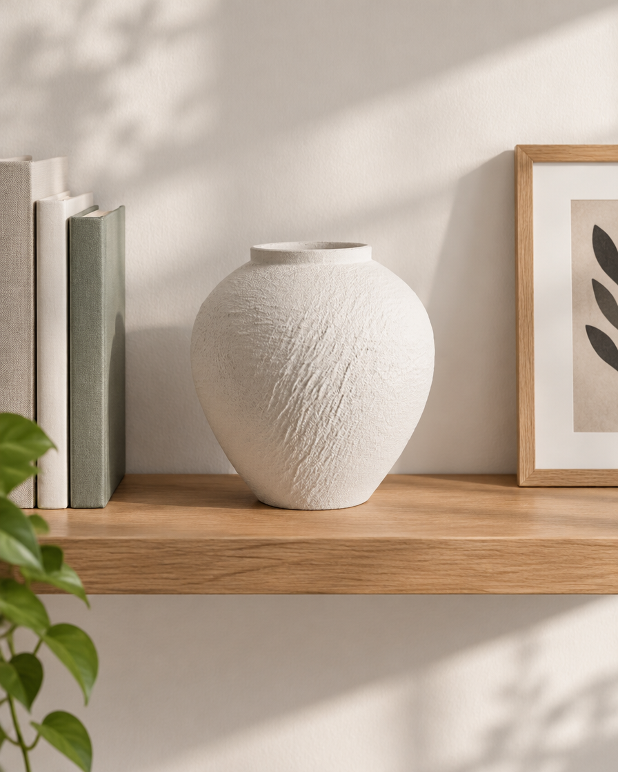 White Bark-Textured Ceramic Vase on a wooden shelf