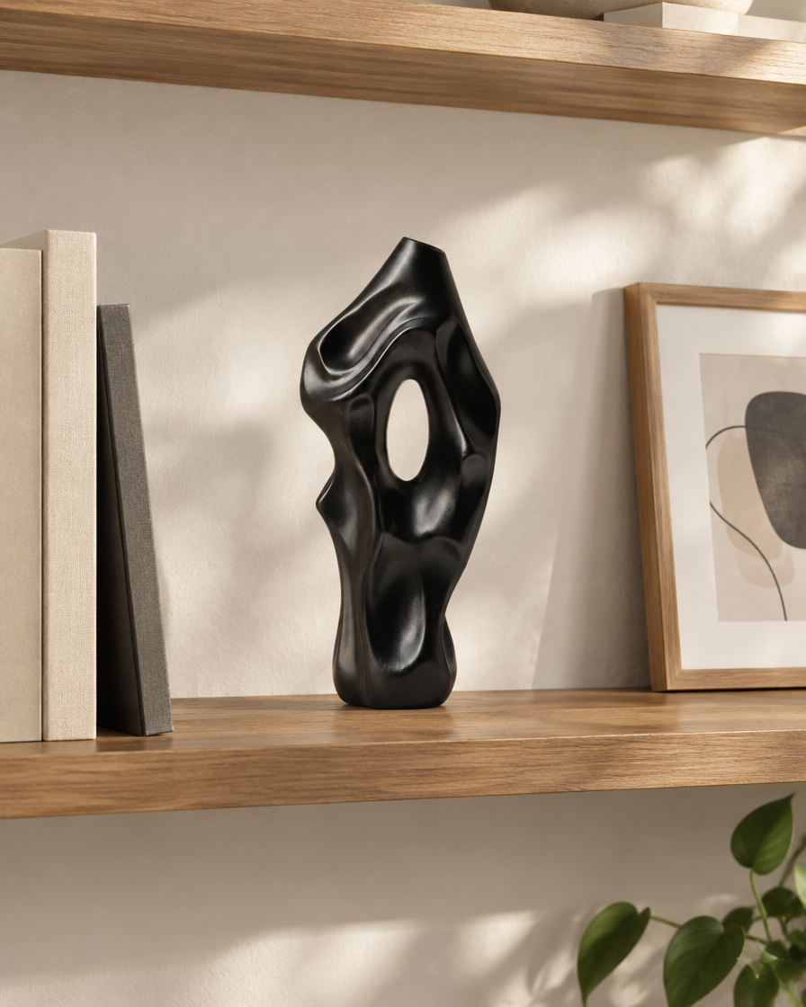 Black Abstract Organic Sculptural Vase with Hollow Opening on a wooden shelf