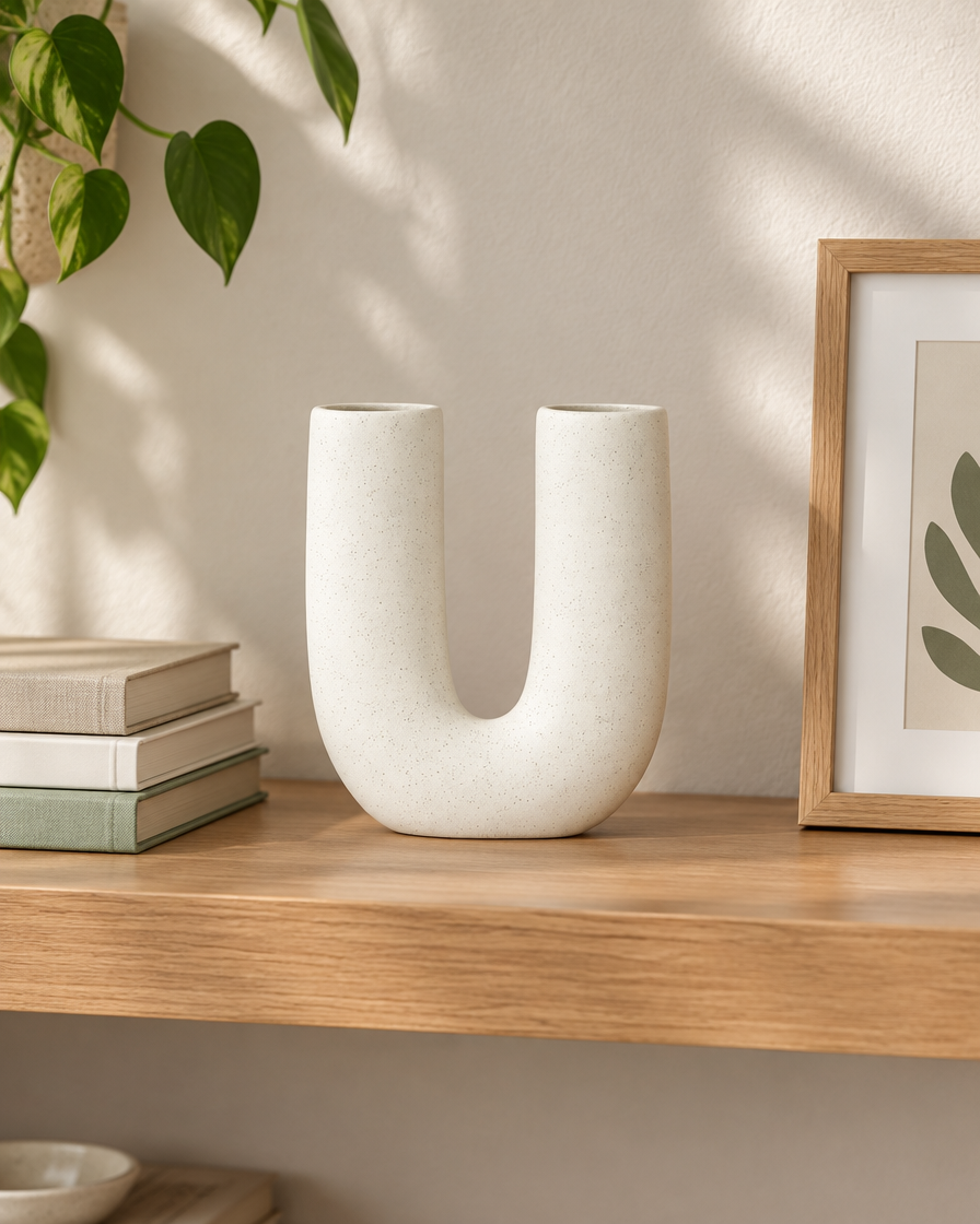 White Ceramic U-Shaped Vase on a wooden shelf