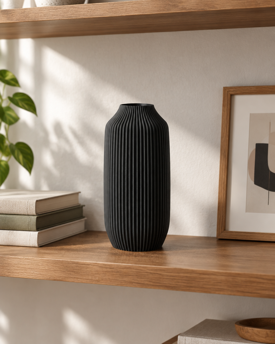 Black Ribbed Matte Cylinder Vase on a wooden shelf