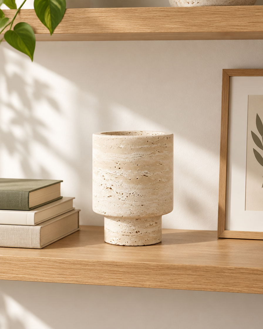 Cream Banded Stone-Look Footed Vase on a wooden shelf