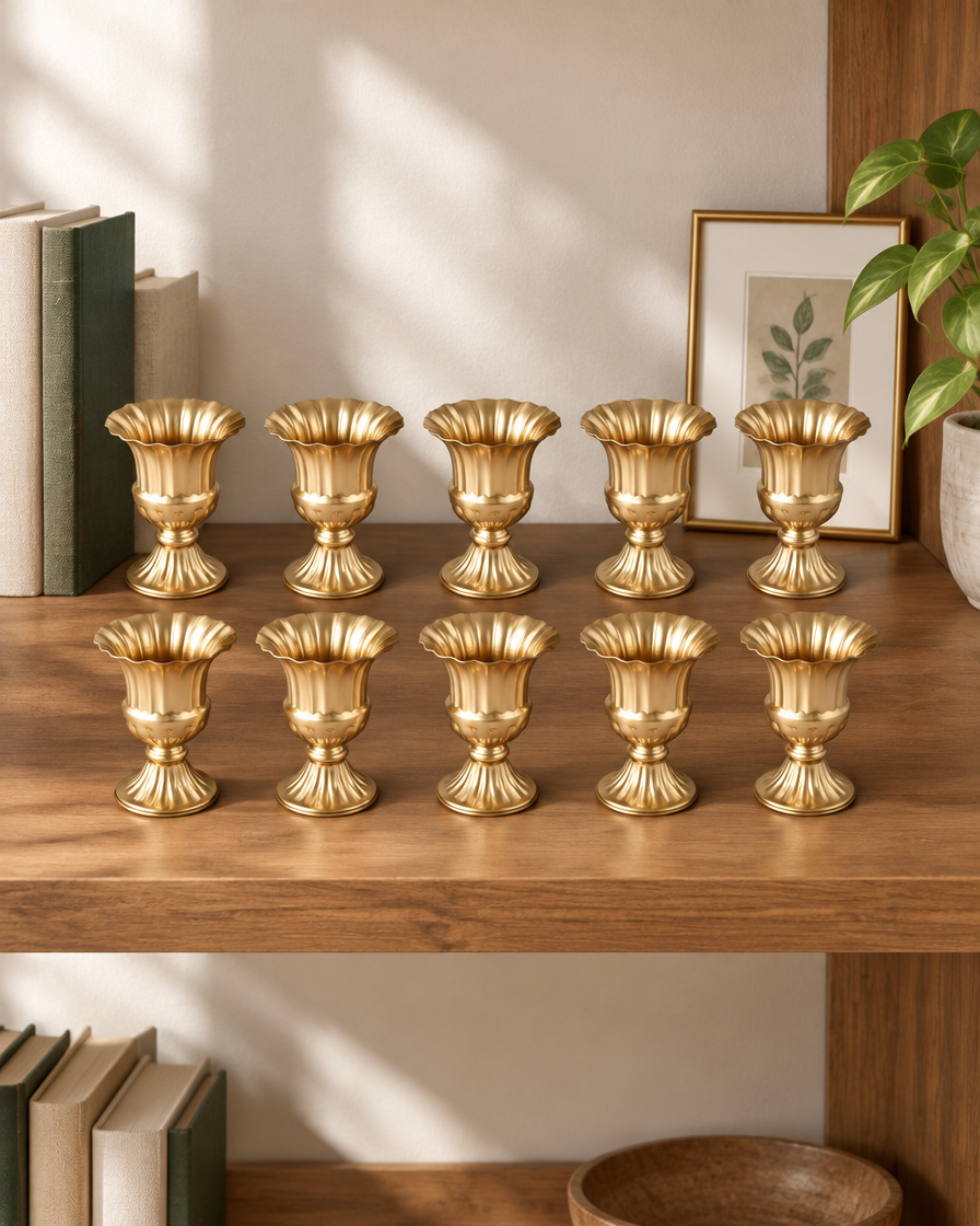 Set of 10 Gold Fluted Urn Vases on a wooden shelf