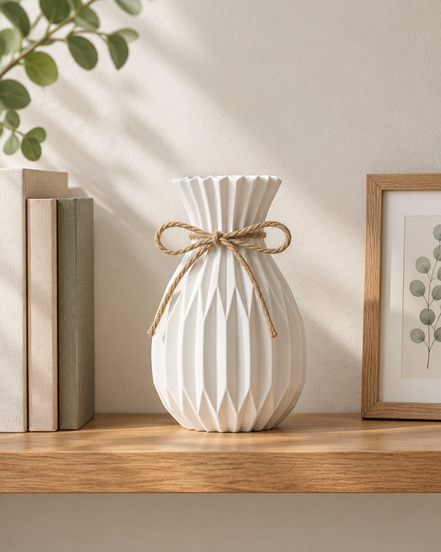 White Pleated Vase with Jute Bow on a wooden shelf