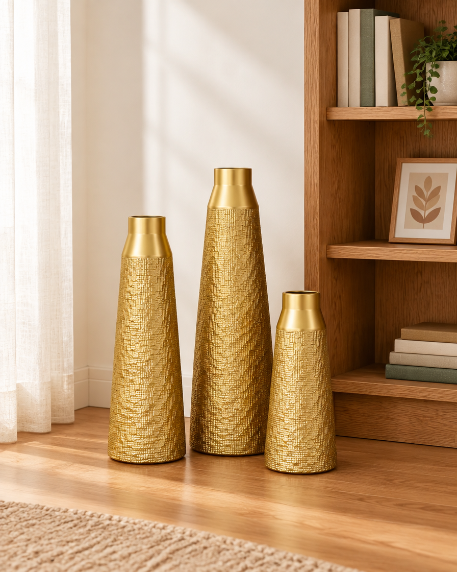 Set of 3 Gold Woven-Texture Tapered Floor Vases beside a bookshelf