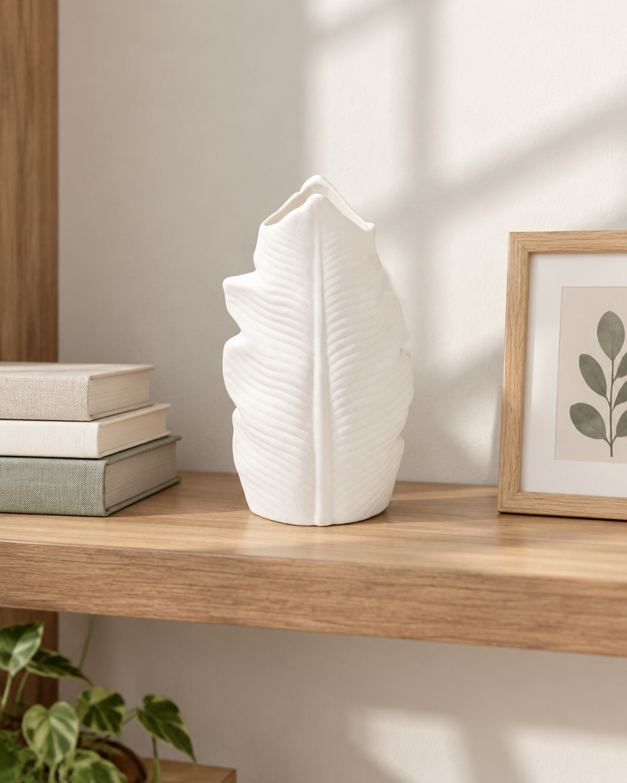 White Matte Leaf Vase on a wooden shelf