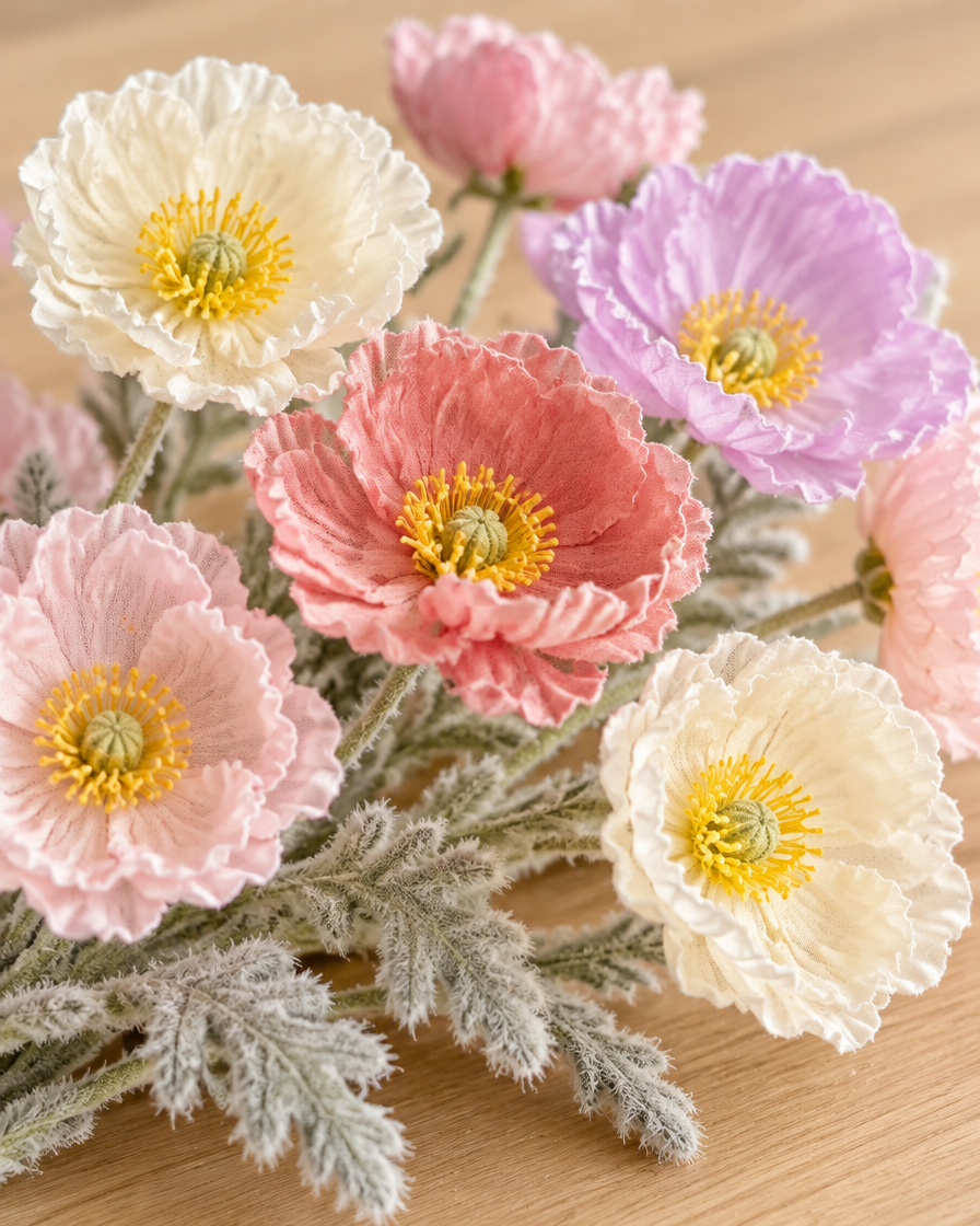 Close-up detail of the pastel mixed artificial poppy stems on an oak table