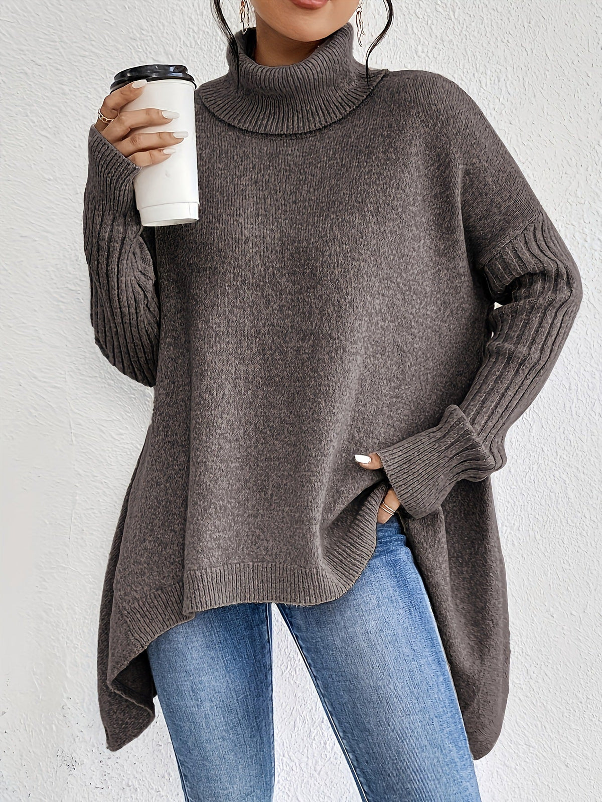 Women's Oversized Turtleneck High-Low Knit Side Slit Winter Sweater