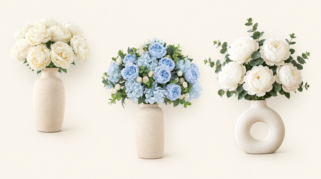 Ivory, light blue and white faux peony bouquets in ceramic vases on a cream background