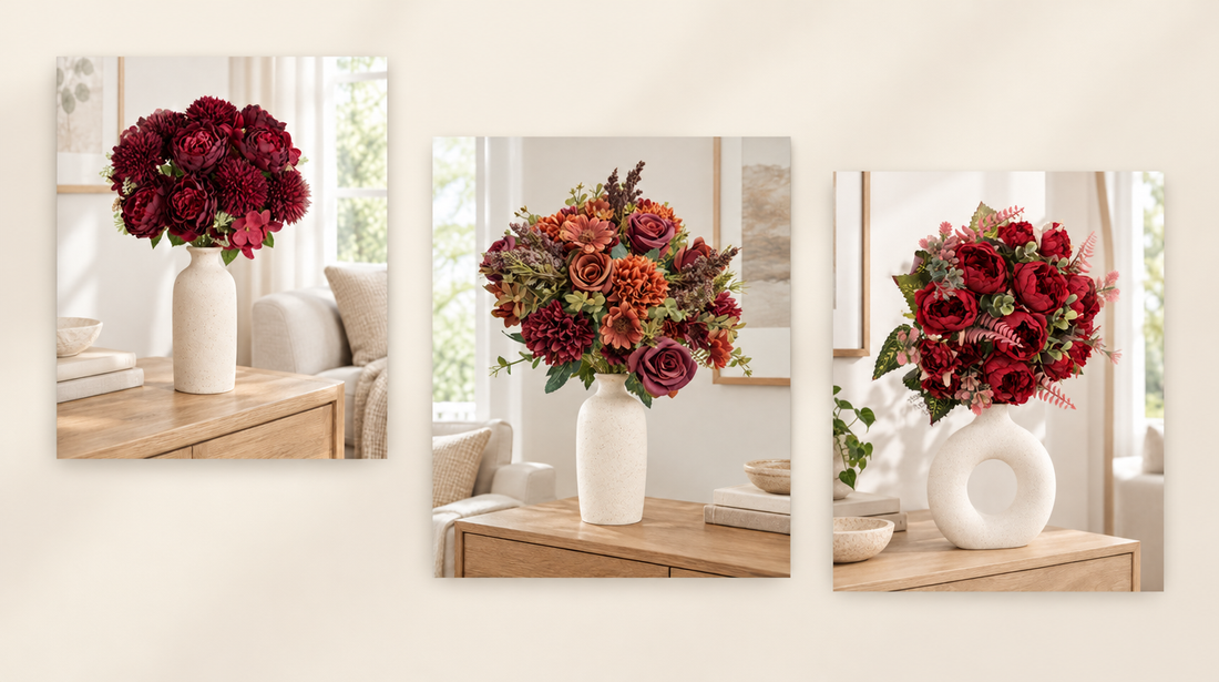 Burgundy faux peony and dahlia bouquets styled in vases on a warm cream background
