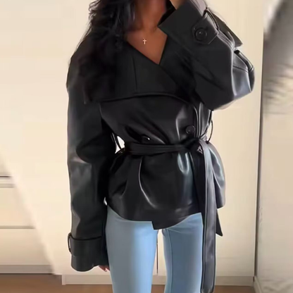 Chaqueta motera de piel sintética extragrande corta para mujer