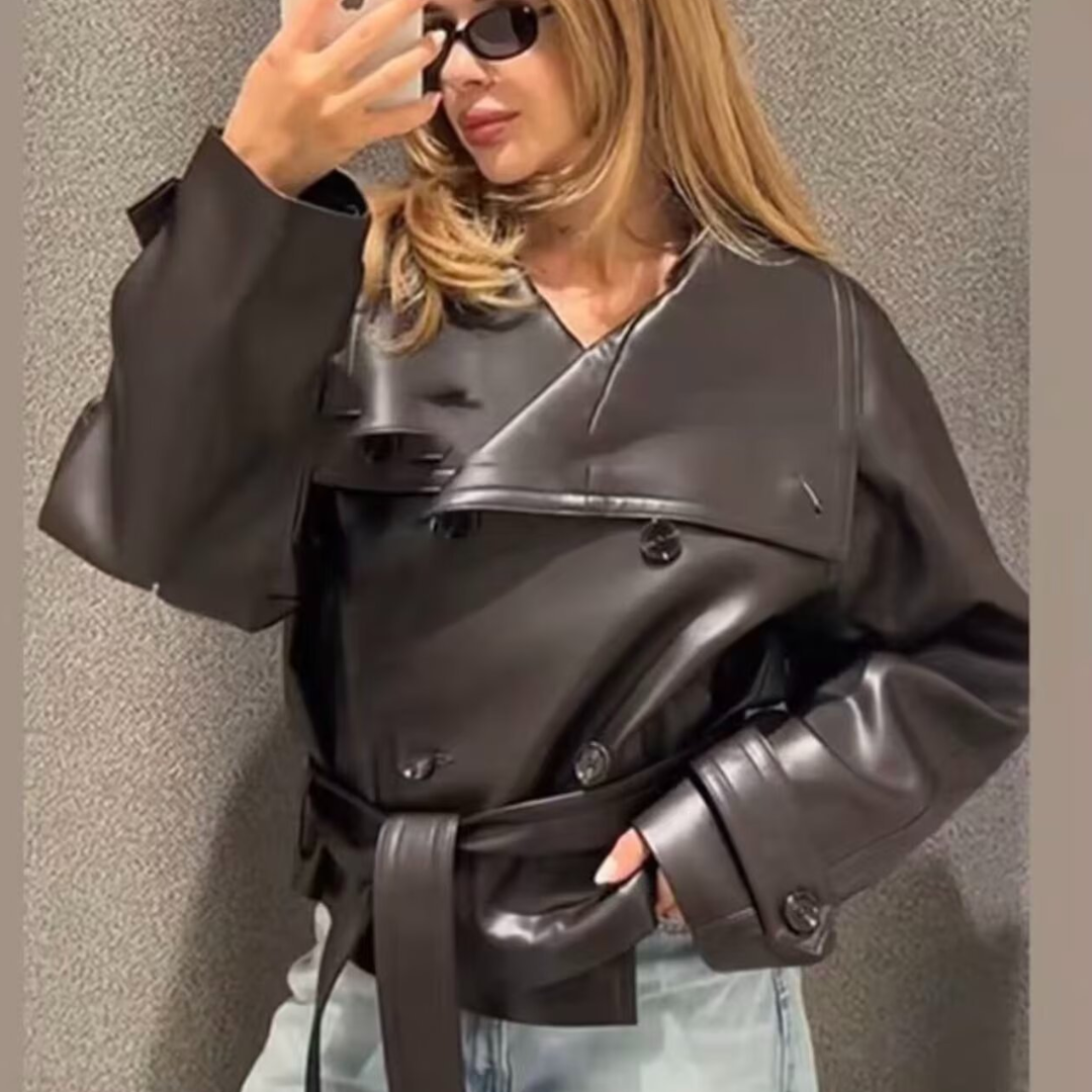 Chaqueta motera de piel sintética extragrande corta para mujer