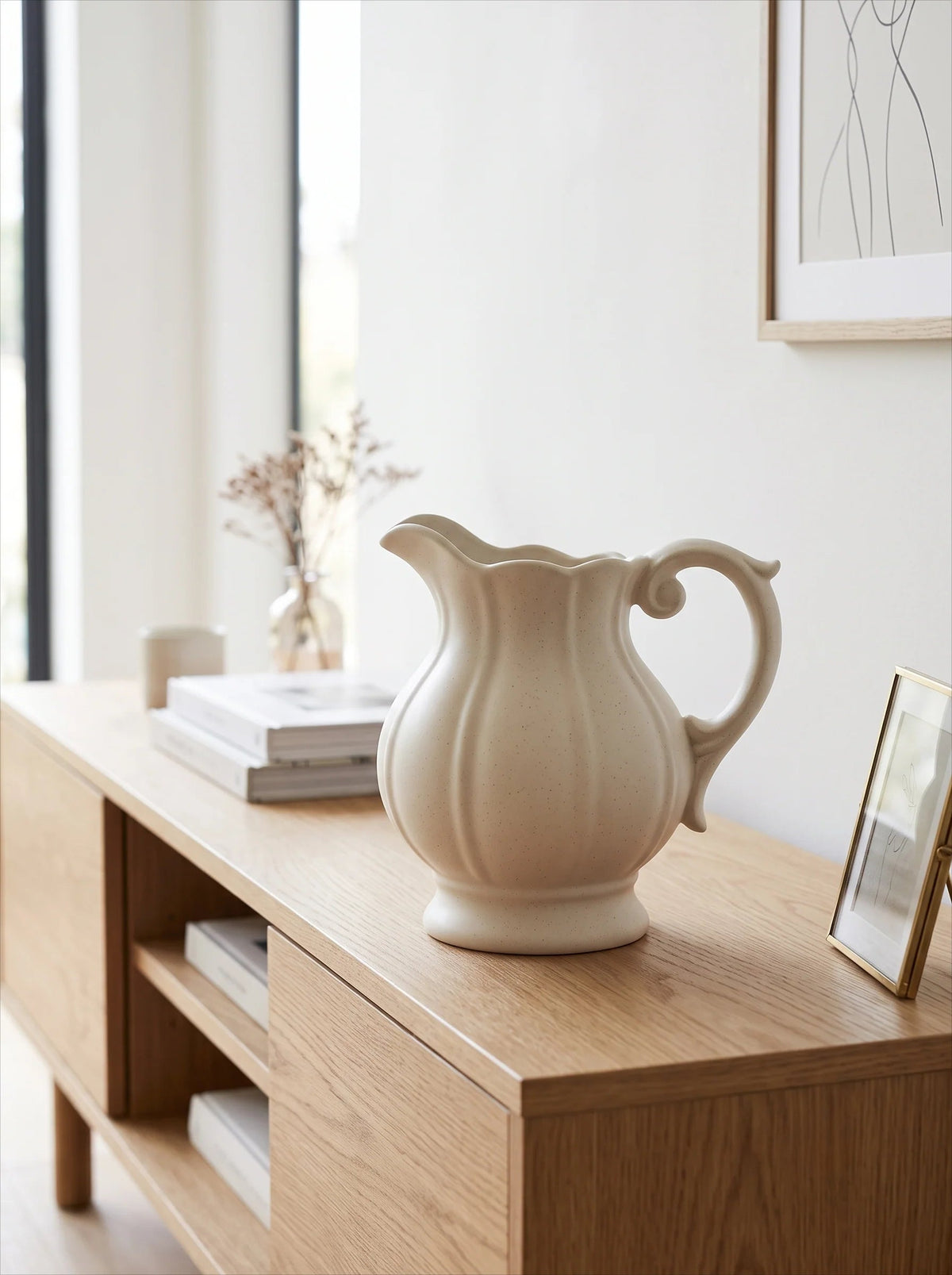 Speckled ceramic vase with flowers