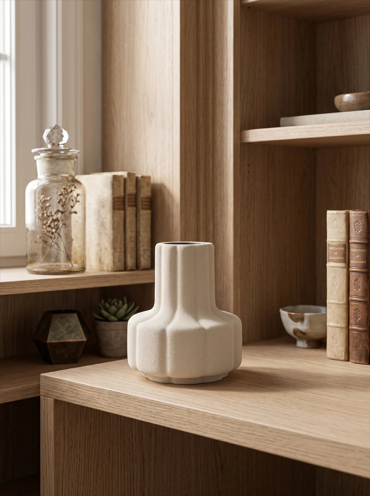 Creamy white ribbed vase styled