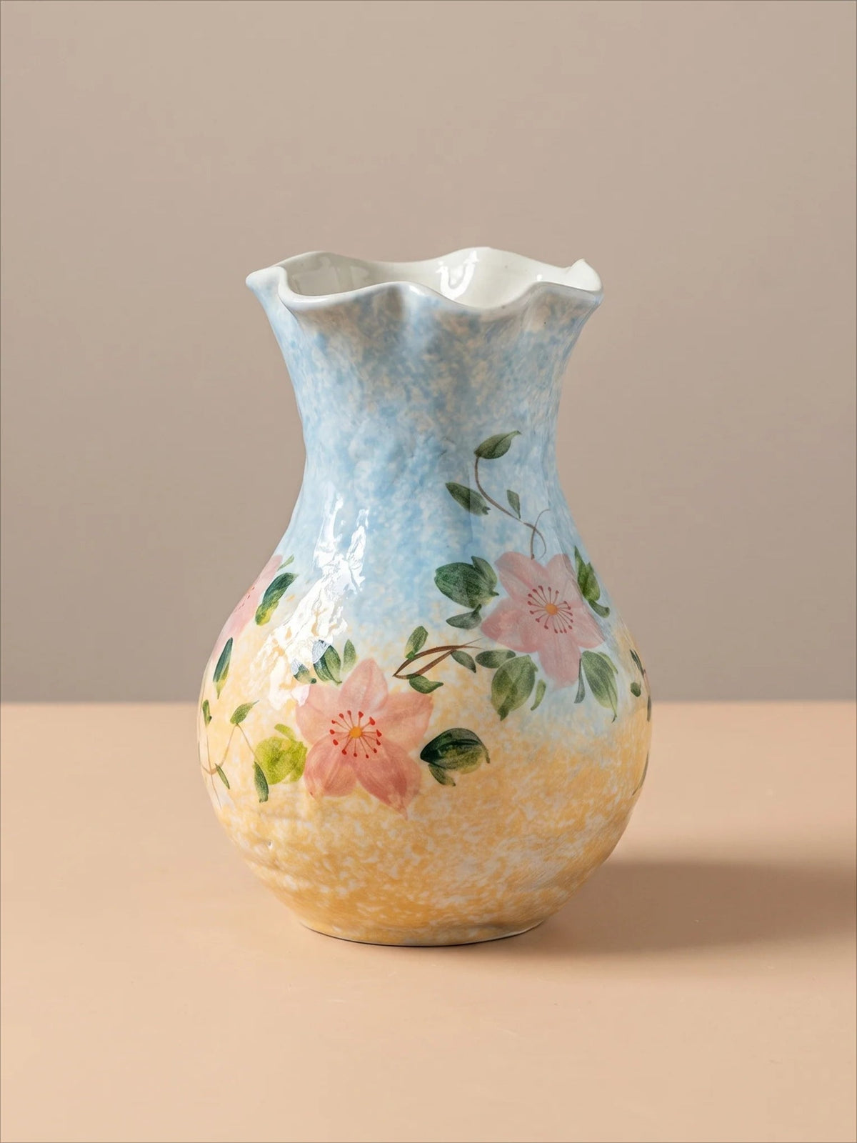 French country pastel blue floral ceramic vase