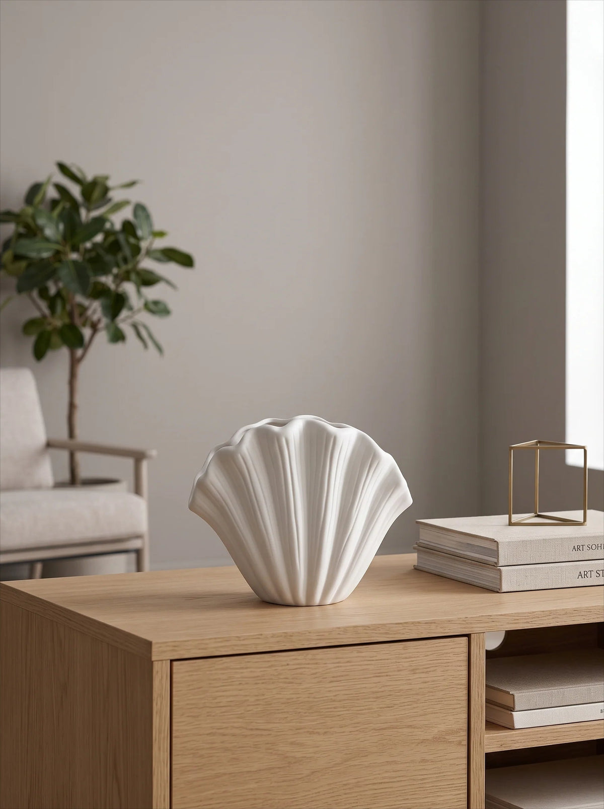 White shell vase side view