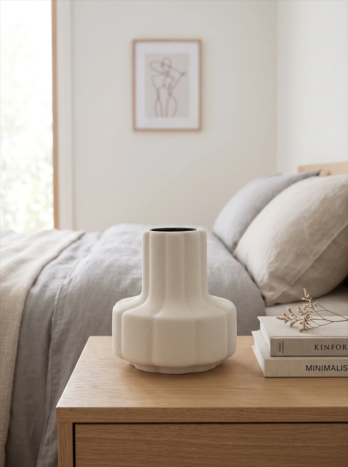 Creamy white ribbed vase side view