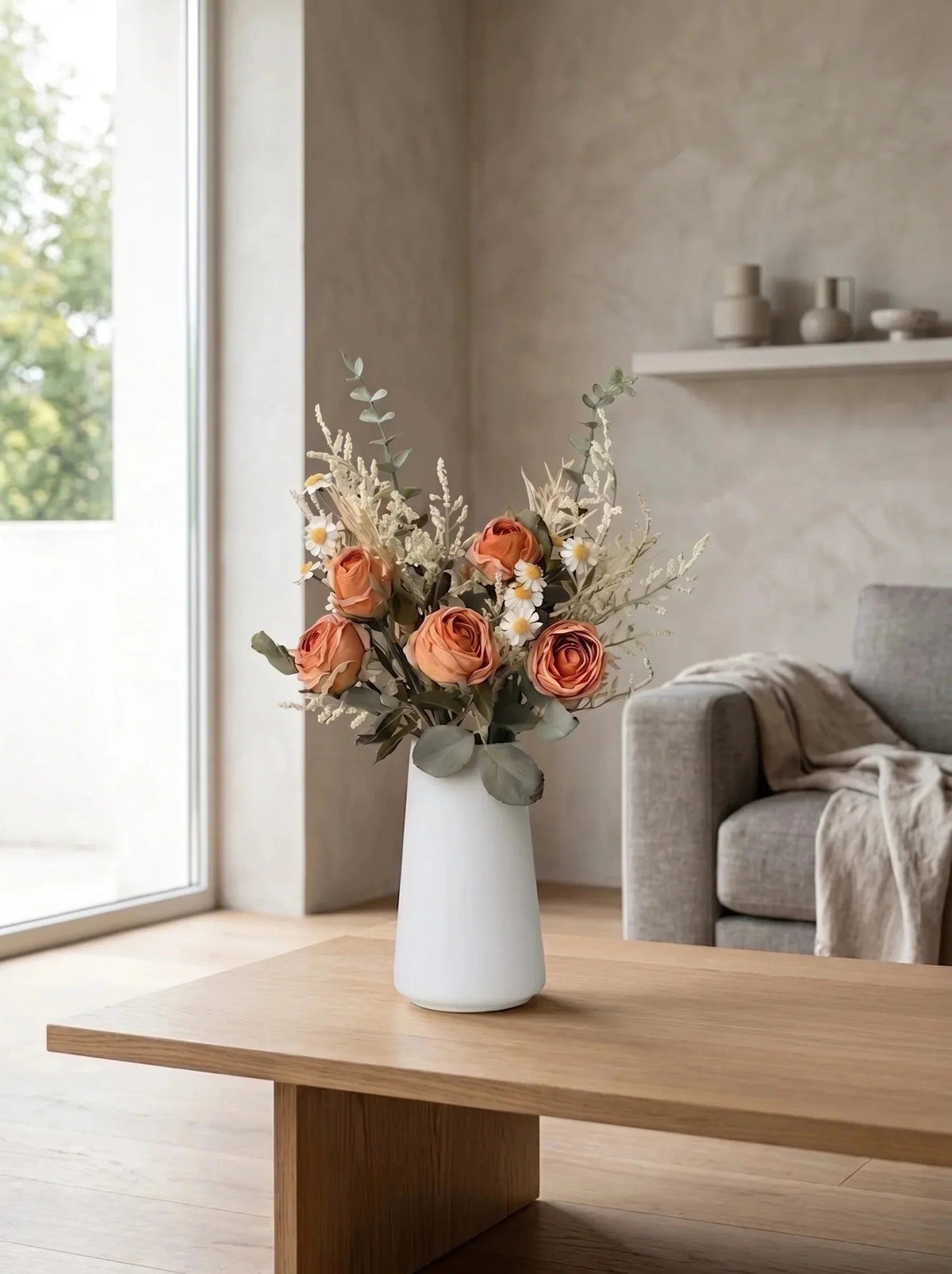 Terracotta and white rose bouquet side view