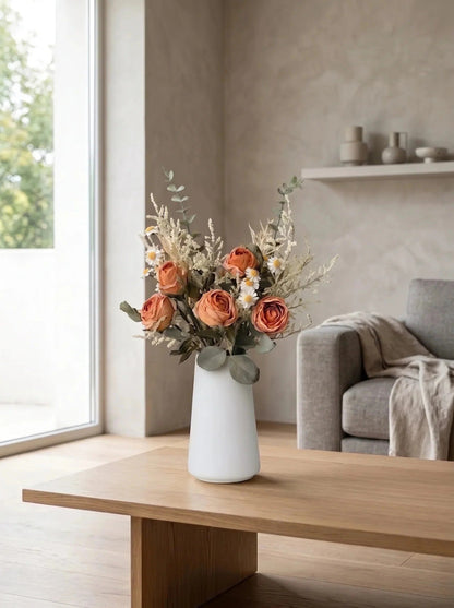 Terracotta and white rose bouquet side view