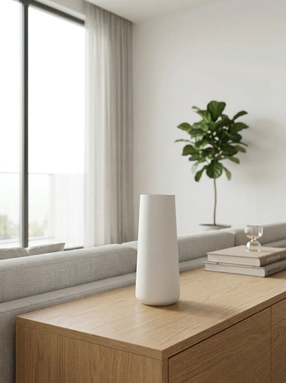 Matte white tapered vase in a room