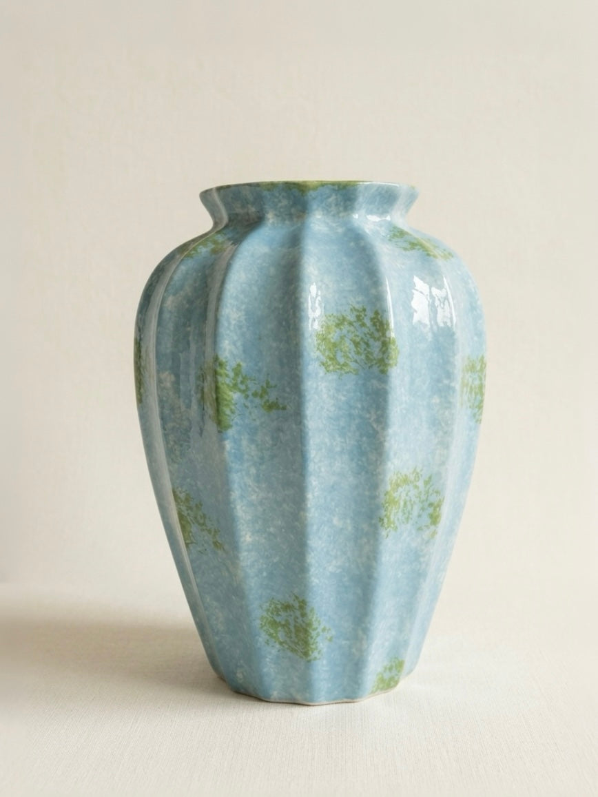 Spotted ocean blue fluted ceramic vase