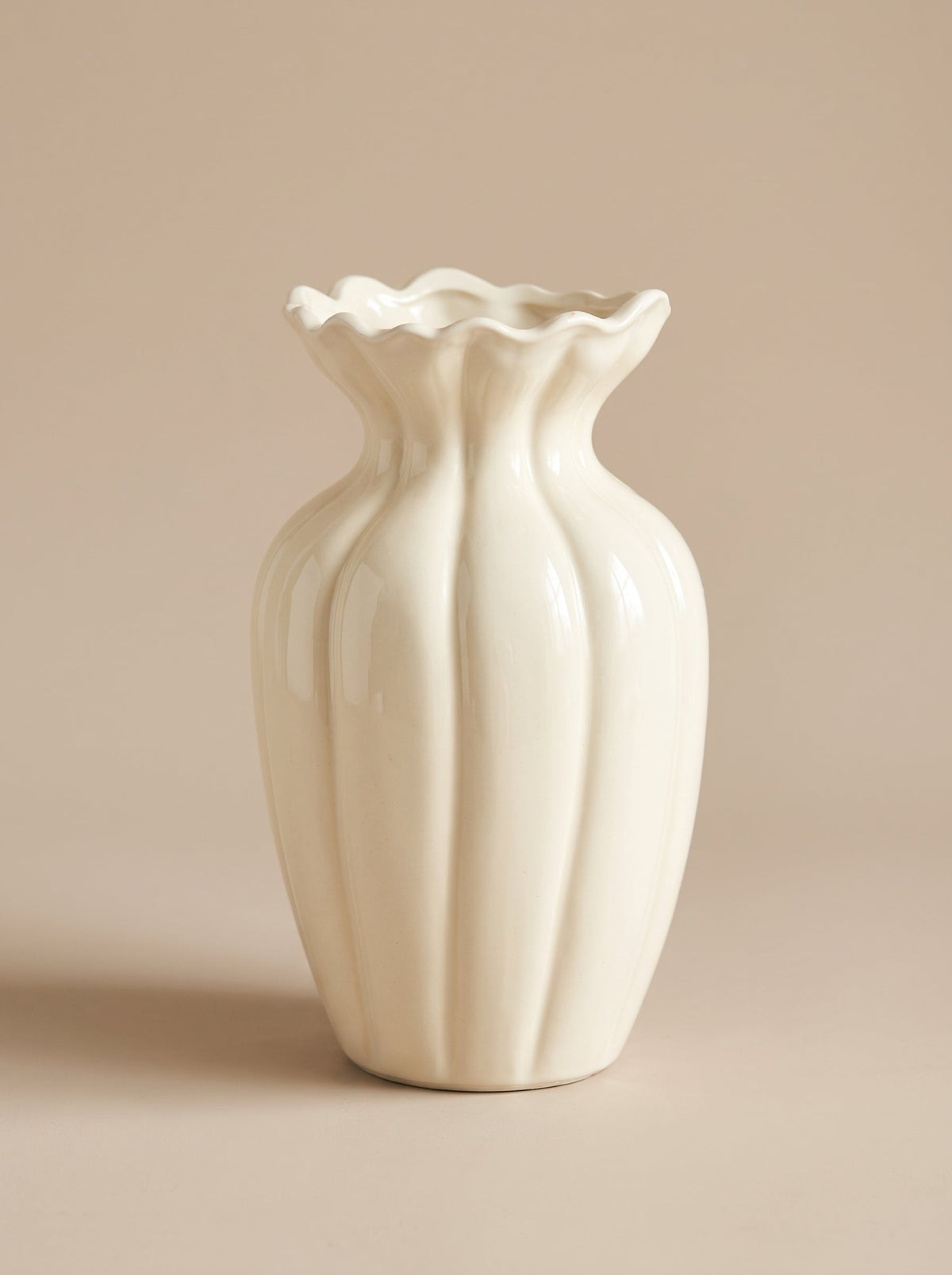 Cream fluted glazed ceramic vase, Nordic style