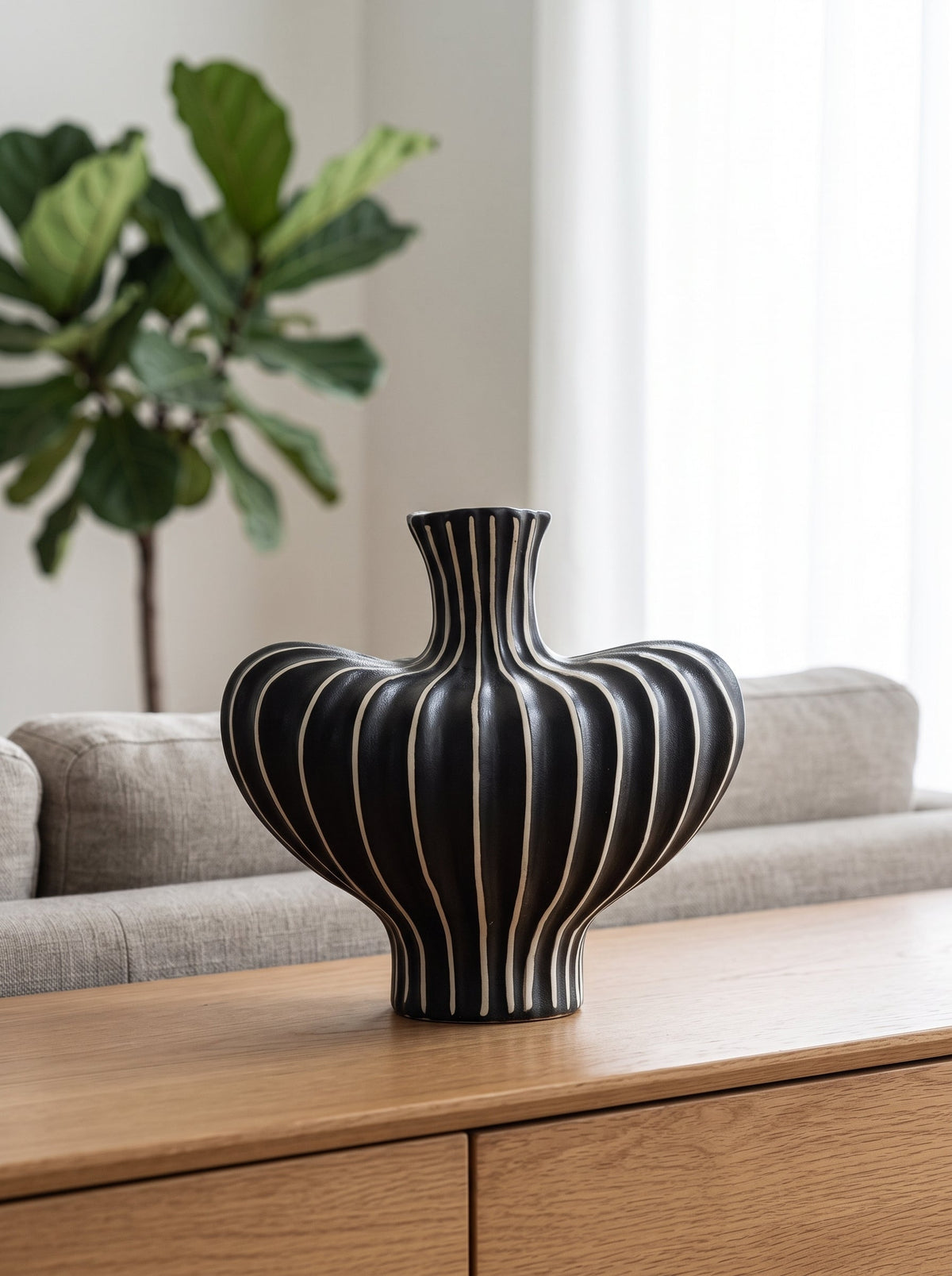 Striped sculptural vase side view