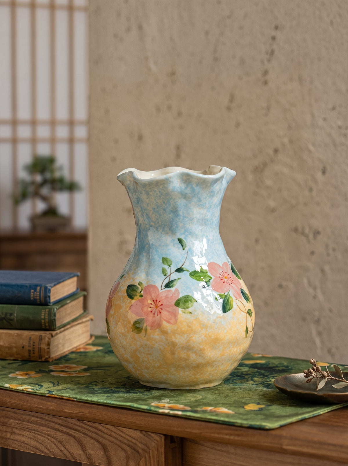 Pastel blue floral vase side view